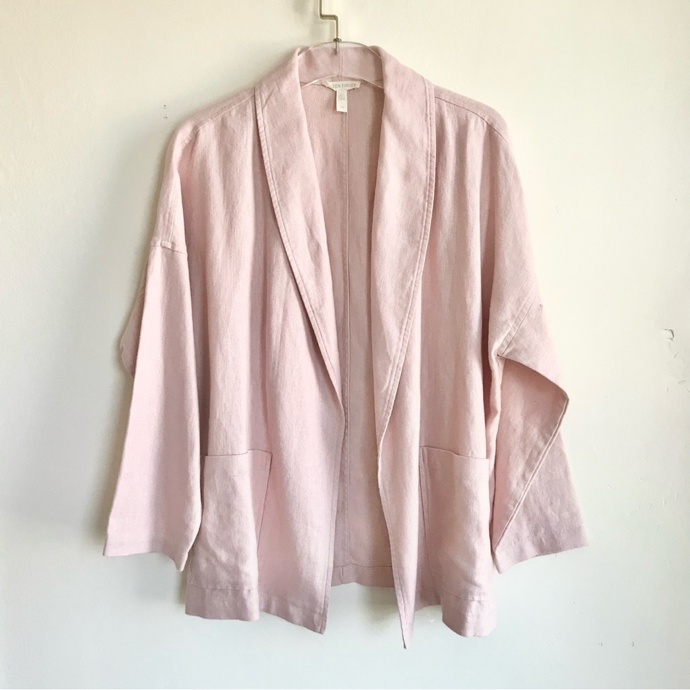 Eileen Fisher Organic Linen Blush Pink Shawl Collar Open Front Jacket Blazer S - Picture 7 of 10